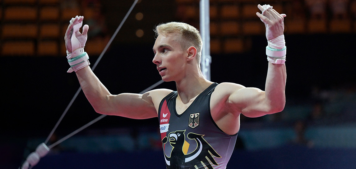 Vom deutschen Vizemeister SC Cottbus geht in der Stuttgarter Porsche Arena Lucas Kochan an die Geräte. | Foto: Volker Minkus