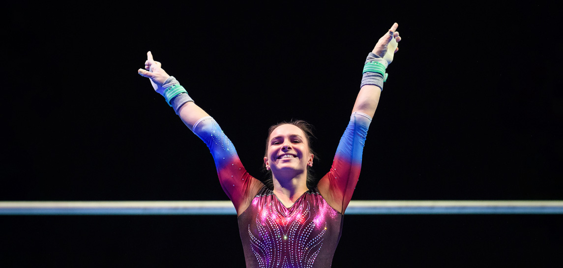 Auch Sophie Scheder, Olympia-Dritte am Schwebebalken von Rio 2016, reihte sich 2018 beim TSV Tittmoning ein. | Foto: GES-Sportfoto